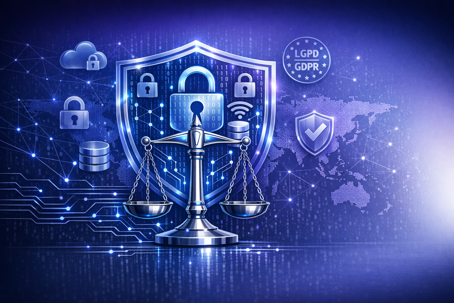 Ilustração de proteção jurídica, dados e segurança digital